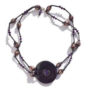 handmade glass beaded necklace floating disc black